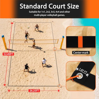 Beach Volleyball Court Boundary Lines - Portable, 2 Inch Official Size (26.3' x 52.6') with 4 Sand Anchors & Storage Bag, Ideal for Outdoor Volleyball, Team Building and Other Group Activities.