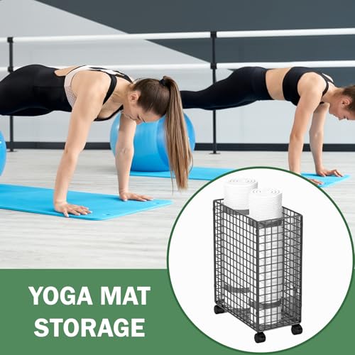 Home Gym Storage Organizer Rack with Lockable Wheels,Tall Dirty Clothes Hamper for Bedroom Bathroom, Garage Organizer, Mat Storage Rack Basket, Rolling Ball Cart for Foam Roller