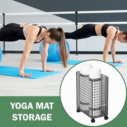 Home Gym Storage Organizer Rack with Lockable Wheels,Tall Dirty Clothes Hamper for Bedroom Bathroom, Garage Organizer, Mat Storage Rack Basket, Rolling Ball Cart for Foam Roller