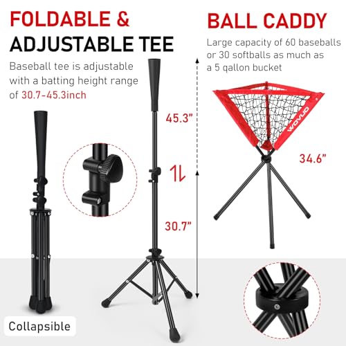 7x7 ft Baseball Net for Batting Pitching Hitting, Softball Pitching Net with Strike Zone, Tee, Ball Caddy, Softball Batting Net Baseball Training Equipment for Kids Adult Youth Sport Practice - color: Red