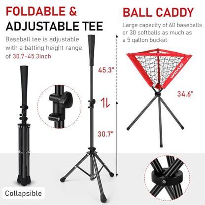 7x7 ft Baseball Net for Batting Pitching Hitting, Softball Pitching Net with Strike Zone, Tee, Ball Caddy, Softball Batting Net Baseball Training Equipment for Kids Adult Youth Sport Practice - color: Red