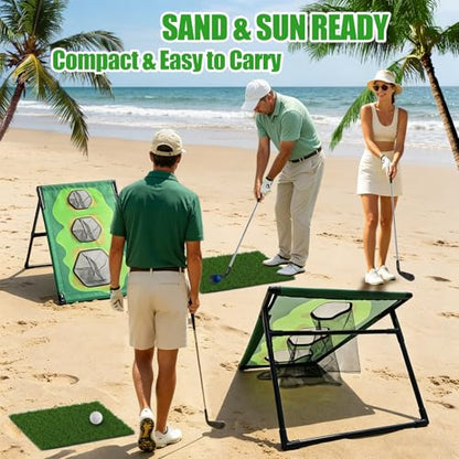 Golf Chipping Game Set with 2 Clubs & 1 Scoreboard - 2 Target Nets, 2 Turf Mats, 16 Foam Balls, Score Pen & Bag - Indoor/Outdoor Golf Training for Adults/Family