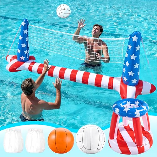 Inflatable Pool Floats Set American Flag Volleyball Net & Basketball Hoops, Swimming Pool Game Toy for Kids and Adults, Floating, Volleyball Court (105”x35”)|Basketball (27”x23”), Red White