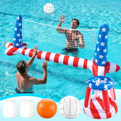 Inflatable Pool Floats Set American Flag Volleyball Net & Basketball Hoops, Swimming Pool Game Toy for Kids and Adults, Floating, Volleyball Court (105”x35”)|Basketball (27”x23”), Red White