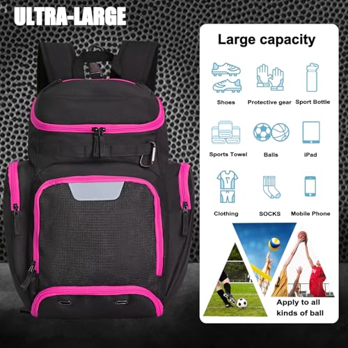 LARIPOP Basketball Backpack with Ball & Ventilated Shoe Compartment Insulated Pockets for Men Youth Training - color: Rose Red