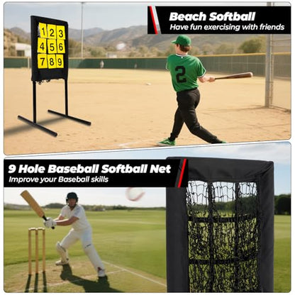 FAHKNSHeavy-Duty Pitching Net, 9 Hole Pitching Net with Strike Zone Removable Digital Targets,3 Height Adjustable Throwing Trainer for Baseball & Softball with Ball - color: black