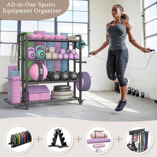 4-Tier Dumbbell Rack Stand Only, Adjustable Weight Rack for Dumbbells Kettlebells Yoga Mat, Home Gym Storage Rack with Wheels and Hooks, Powder Coated Finish - size: Large Black