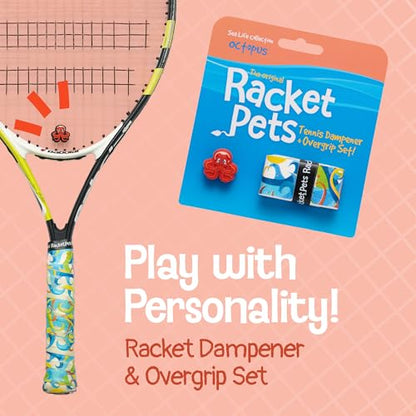 Racket Pets Kids Tennis Racket Dampener & Matching Overgrip Tape, Performance Shock Absorbing Dampener for Tennis Racket & Fun Animal Print Tennis Wrap Grip Tape - style: Octopus