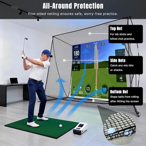 MOXOW 10 x 8 ft Golf Cage Practice Hitting Net with HD Simulator Screen - High-Impact Screen and Safety Structure Design for Indoor & Outdoor Golf Training