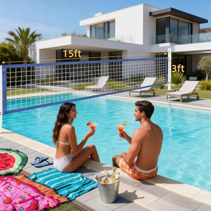15FT Pool Volleyball Net with 10Ft Straps Portable Volleyball Net with Carrying Bag Volleyball Small Pool Net for Outdoor Indoor Backyard Yard Beach Above Ground Pool Swimming Pool (Net Only)