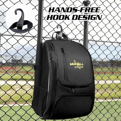 Youth Baseball Bag, Lightweight Softball Bag with Shoes Compartment, Baseball Backpack with Fence Hook for TBall Bat & Equipment - color: Black