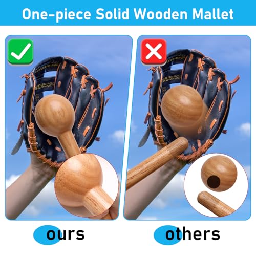 Baseball Glove Break in Kit, One-Piece Solid Wooden Baseball Glove Mallet and Three Colors Glove Wrap Straps for Baseball Glove and Softball Glove, Fit Adult Youth Kids Catcher Mitt - color: blue