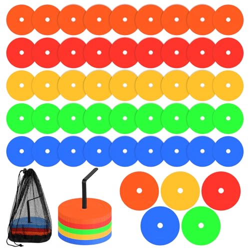 30PCS Non-Slip Rubber Spot Markers, 6 Inch Agility Training Dots, Multi-Color Poly Vinyl Floor Cones Field Court Soccer Training Equipment Football Sports, Includes stand and black mesh bag
