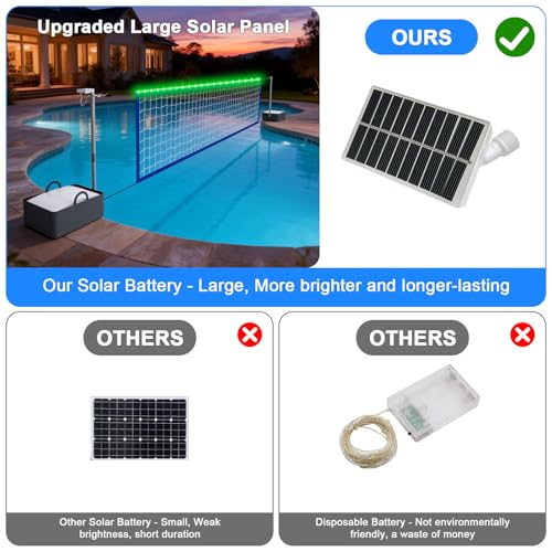Pool Volleyball Net Set with LED Lights, Larger Solar Panel - High Brightness Volleyball Net for Inground Pools, Adjustable 15-32ft Length Outdoor Water Volleyball Games Toy for Backyard Party