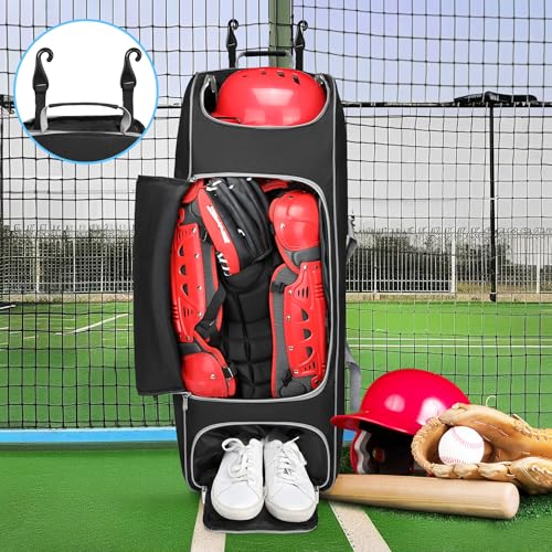 Large Rolling Baseball Catchers Gear Bag with Wheels, Softball Bag for 4 Bats,Equipment Bag with Separate Shoe & Helmet Compartments,Fence Hook for Youth & Adult