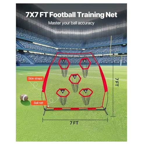 7 x 7 ft Football Trainer Throwing Net, Training Throwing Target Practice Net with 5 Target Pockets, Knotless Net Includes Straps and Portable Carry Case, Improve QB Throwing Accuracy, Red