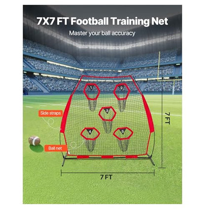 7 x 7 ft Football Trainer Throwing Net, Training Throwing Target Practice Net with 5 Target Pockets, Knotless Net Includes Straps and Portable Carry Case, Improve QB Throwing Accuracy, Red