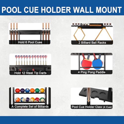 Large Pool Stick Holder Wall Mount, Billiards Pool Cue Rack Ping Pong Paddle Holder, Dart Holder 3-IN-1, Wood Pool Cue Holder Pool Table Accessories Equipment Organizer for Game Room Men Cave- Black - size: Large