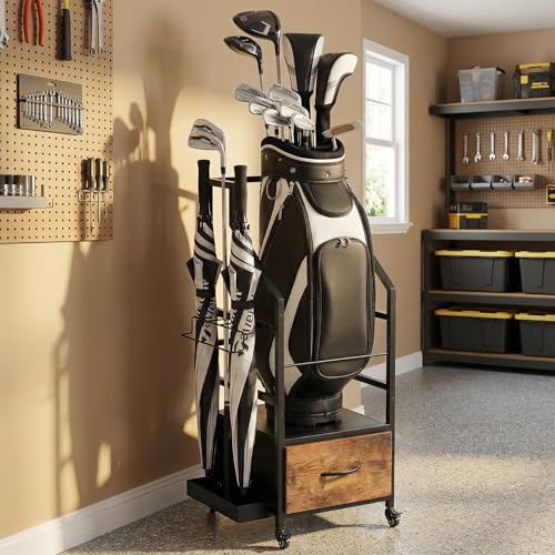 Golf Bag Organizer Rack with Wheels, Golf Storage Organizer for Garage,Golf Stand & Accessories,Brown Garage Organizer Fit Single Golf Bags