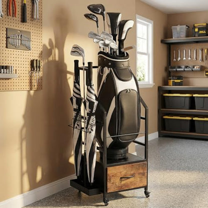 Golf Bag Organizer Rack with Wheels, Golf Storage Organizer for Garage,Golf Stand & Accessories,Brown Garage Organizer Fit Single Golf Bags