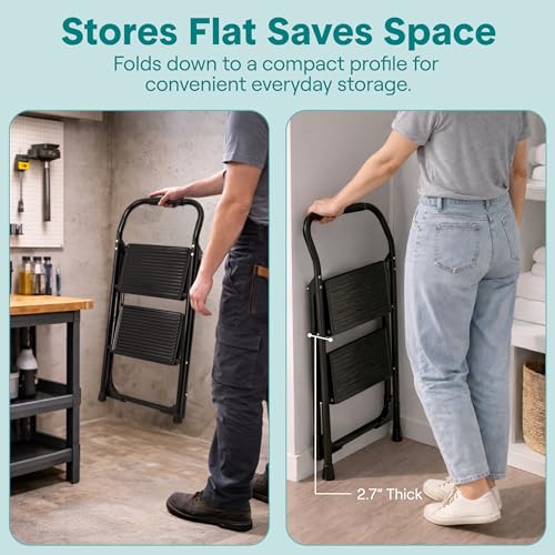 SereneLife 2-Step Ladder, Folding Step Stool for Adults, Wide Anti-Slip Pedal and Handrail, Sturdy Steel Build, 570 lbs Capacity, Portable Step Stool Ladder for Home and Office Use (Black) - size: 2 Step