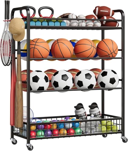 Heavy Duty Rolling Sports Equipment Organizer 4-Tier Ball Storage Rack for Basketball Soccer Football Volleyball with Side Hooks Lockable Casters/Garage Cart Indoor Outdoor Gym Home School Playground