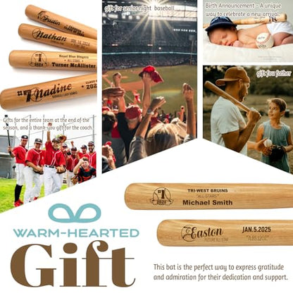 Personalized Mini Baseball Bat 18", Custom Engraved Name, Number & Logo, Small Wooden Bat Gift for Little League, Teams, Players, Fathers