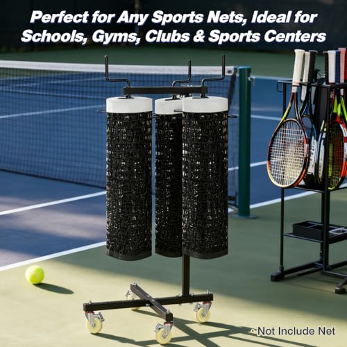 Movable Sports Net Storage Rack with Lockable Wheels, Heavy-Duty Holder for Volleyball, Tennis, Pickleball, Badminton Nets, Space-Saving Support Rack with Swivel Handle & Dust Covers - style: Holds 3 Nets