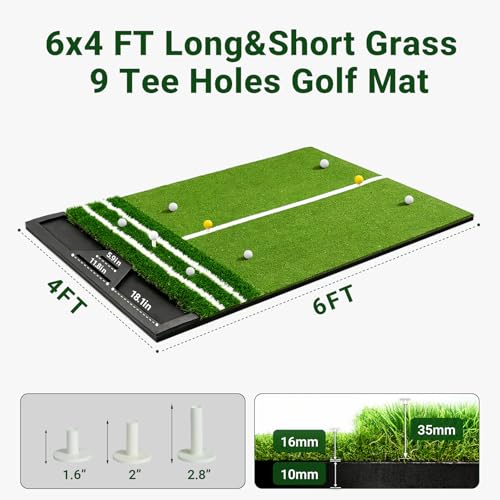 Large Golf Hitting Mat 6x4ft Indoor Outdoor Backyard, Golf Practice Mat with Phone Slot & Ball Tray, Heavy Duty Artificial Turf Driving Range Golf Simulator Mat with Alignment Line - color: 6x4FT;26mm