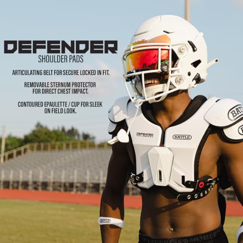 Battle Sports Defender Football Shoulder Pads – The Lightest, Most Protective in Its Class – Aerospace Grade Materials, Ventilated Design, Removable Sternum Plate, Foam Neck Roll - color: White, size: Youth-Small
