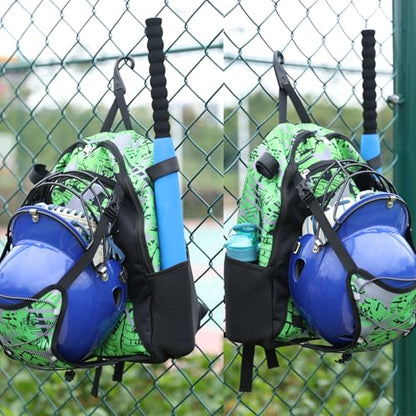 Youth Baseball Bat Bag Backpack, T-Ball & Softball Equipment Gear for Youth with Fence Hook, Lightweight Baseball Bat Backpack, Large Main Compartment for Helmet - color: Green