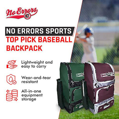 No Errors Top Pick Baseball Backpack for Kids - Heavy Duty Youth Baseball and Softball Bag with Fence Hooks - Dual Glove and Bat Compartments - color: Maroon