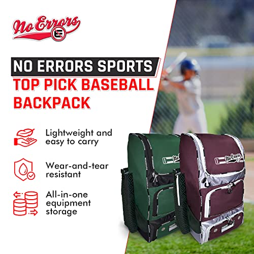 No Errors Top Pick Baseball Backpack for Kids - Heavy Duty Youth Baseball and Softball Bag with Fence Hooks - Dual Glove and Bat Compartments - color: Maroon