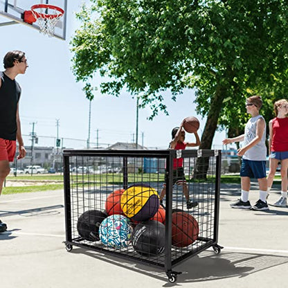 rehomerance Ball Cart Garage Sports Equipment Basketball Organizer with Lockable Lid, Basketball Storage Bin for Indoor Outdoor, Rolling Exercise Ball Holder for Gym, School, Club