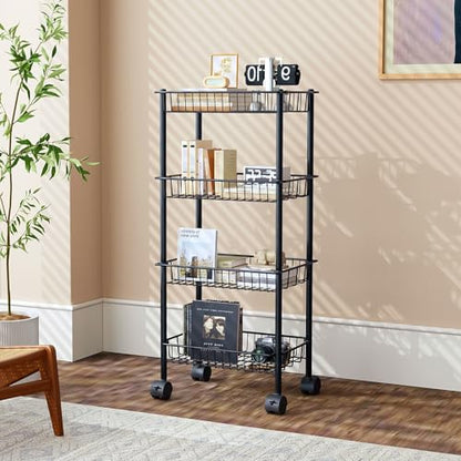 AWTATOS 4-Tier Rolling Cart, Storage Cart with Removable Baskets, Metal Utility Cart with Wheels, for Kitchen, Bathroom, Office, Laundry Room, Black (Patent)