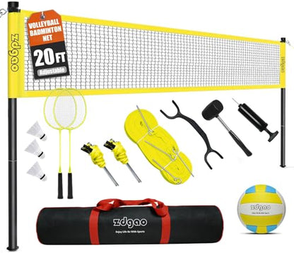 Zdgao Volleyball and Badminton Combo Set for Backyard - 20FT/32FT Volleyball/Badminton Net with Adjustable Height Pole,Anti-Sag System,Volley Ball, Badminton Racquets,Boundary Line and Carry Bag - color: Yellow, style: 20FT Volleyball/Badminton Net