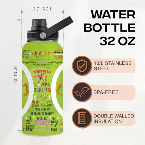 Tennis Water Bottle 32oz Stainless Steel Tumbler Insulated Bottles For Men Women Tennis Gifts For Sport Lover Player Fan Coach - color: Tennis