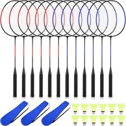 12 Pack Badminton Rackets Set Including Badminton Racquets, Nylon Shuttlecocks and Carry Bag for Outdoor Backyard Games Beginners - color: Dark Blue-black, Red Black