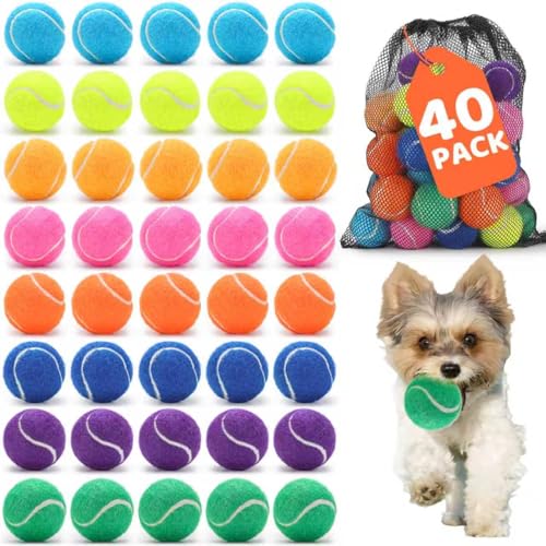 40 Pack 2 Inch Dog Tennis Balls, Small Tennis Balls for Dogs, Dog Safe Non-Abrasive Felt, Bulk Puppy Tennis Ball Set for Small Dogs,with Mesh Bag for Easy Transport(Multicolor - size: Small-40P