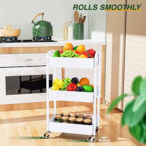 3 Tier Rolling Storage Cart, Metal Trolley Utility Cart with Wheels & Hooks, Easy Assembly Organizer Storage Cart for Bathroom Kitchen Office Bedroom