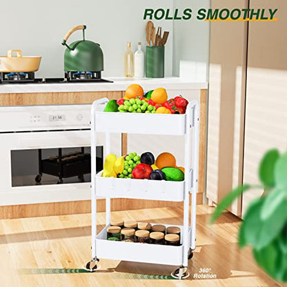 3 Tier Rolling Storage Cart, Metal Trolley Utility Cart with Wheels & Hooks, Easy Assembly Organizer Storage Cart for Bathroom Kitchen Office Bedroom