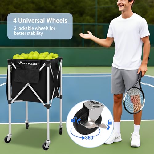 Sturdy Pickleball Tennis Ball Hopper - Foldable Lightweight Tennis Cart Holds 240 Tennis/180 Pickleballs with Removable Bag, Wheels, Side Pocket for Training/Teaching