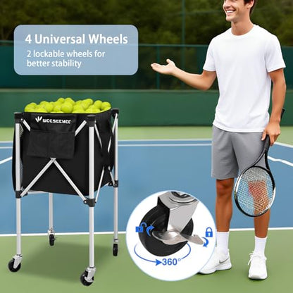 Sturdy Pickleball Tennis Ball Hopper - Foldable Lightweight Tennis Cart Holds 240 Tennis/180 Pickleballs with Removable Bag, Wheels, Side Pocket for Training/Teaching