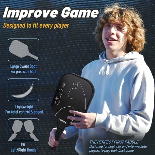 TOPPRO Pickleball Paddles Set of 2, Fiberglass Face, Polypropylene Honeycomb Core, Lightweight Pickleball Rackets 2 Pack - color: BLACK CAT