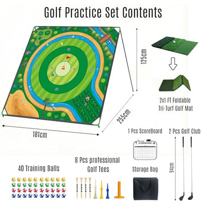 70x70 Inch Golf Chipping Net Battle Golf Extra Large Backyard Practice Net with 40 Training Balls, 3-Turf Hitting Mat, 2 Practice Clubs – Indoor Outdoor Use, Gift for Golf Lovers