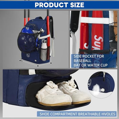 TPAID Baseball Backpack Large Capacity Softball Bag with Shoes Compartment and Fence Hook, Lightweight Baseball Equipment Bag Holds Bats, Helmets, Gloves, Hats, Clothes, Shoes - color: Blue-B, size: 2 Bat Baseball