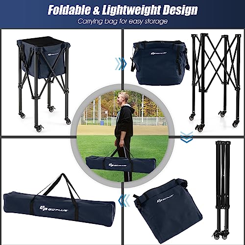 Goplus Foldable Tennis Ball Hopper, Lightweight Aluminum Tennis Ball Basket with Wheels, Removable Bag, Side Pockets, Carry Bag, Portable Sports Teaching Cart Holds 150 Tennis Balls