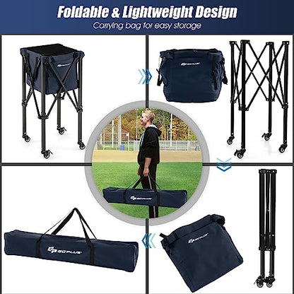 Goplus Foldable Tennis Ball Hopper, Lightweight Aluminum Tennis Ball Basket with Wheels, Removable Bag, Side Pockets, Carry Bag, Portable Sports Teaching Cart Holds 150 Tennis Balls