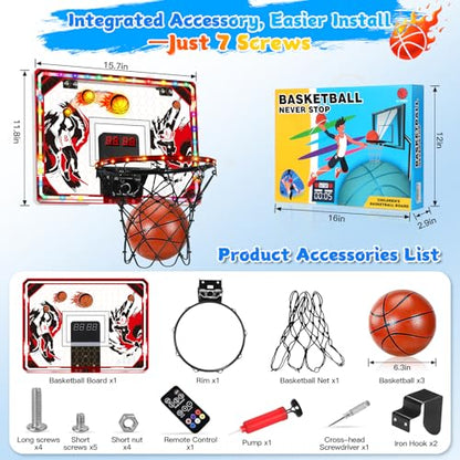 Indoor Basketball Hoop for Kids & Adults, Over The Door Mini Basketball Hoop with Remote Control Scoreboard, 6 LED Light Modes, Foldable Rim Sports Toys for Ages 8-13 Teen Boys Birthday Gifts