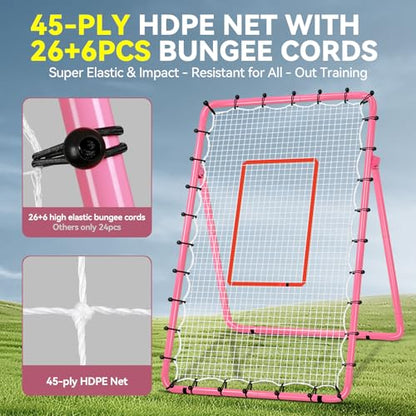 6-Angle Adjustable Volleyball Rebounder Net 7x4ft, High Stable Bounce Back Training Equipment for Practicing Volleying Bumping Spiking with High-Tension Net, PU Volleyball and Pump, Stakes - color: Pink